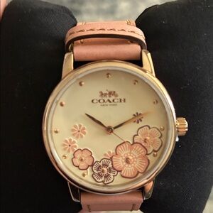 Coach Women's Gold Floral Watch with Pink Strap